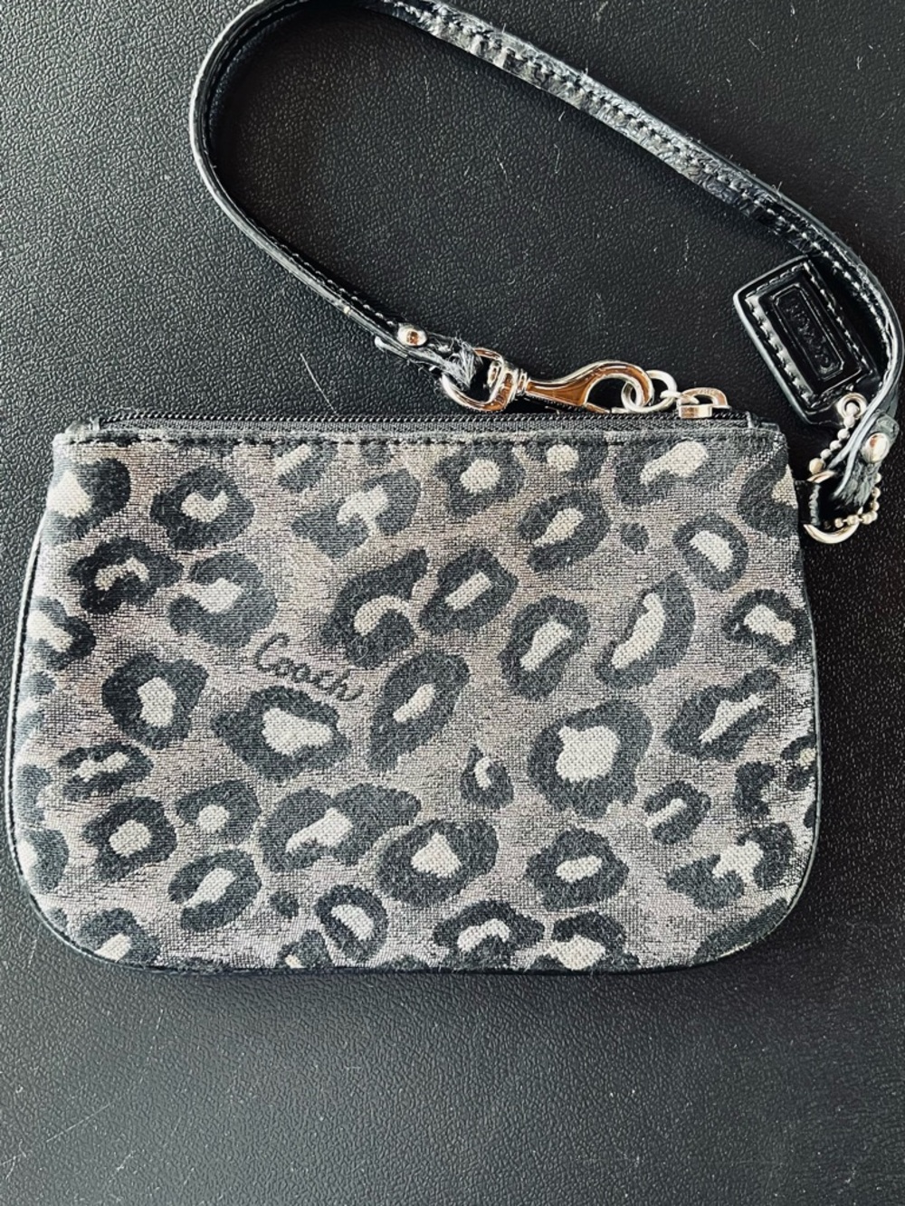Coach Gray Leopard Print Wristlet Pouch with Black Strap